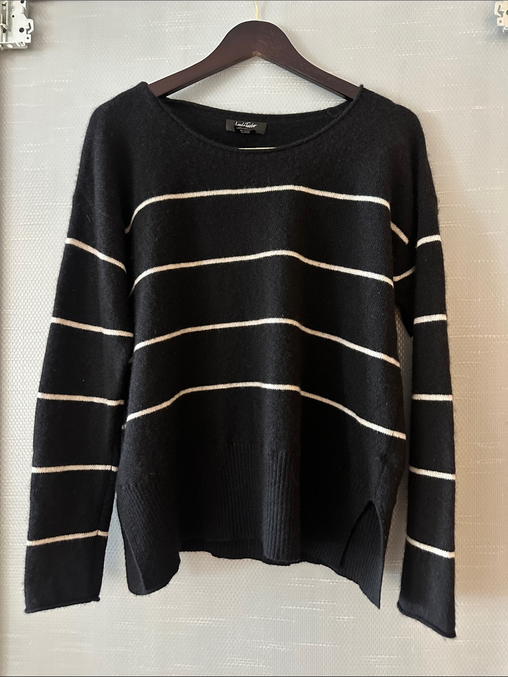 Lord & Taylor Black Cashmere Sweater with Cream Stripes